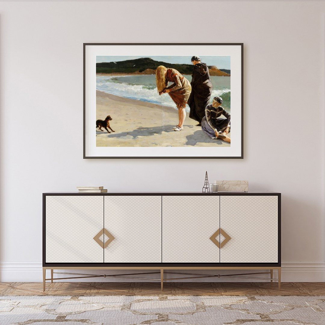 Capture the serene beauty of a day by the sea with this exquisite artwork. Featuring three figures for Foyer