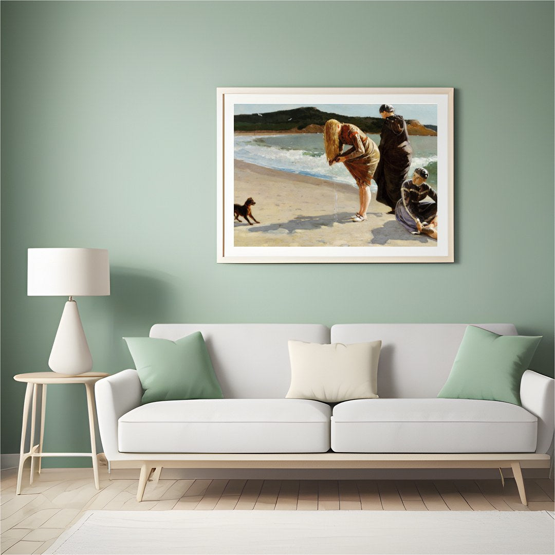 Capture the serene beauty of a day by the sea with this exquisite artwork. Featuring three figures for Hall