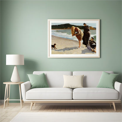 Capture the serene beauty of a day by the sea with this exquisite artwork. Featuring three figures for Hall