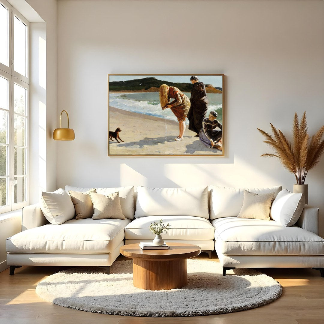 Capture the serene beauty of a day by the sea with this exquisite artwork. Featuring three figures for Living Room