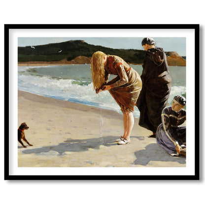 Capture the serene beauty of a day by the sea with this exquisite artwork. Featuring three figures for space