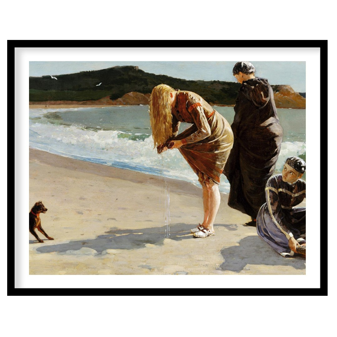 Capture the serene beauty of a day by the sea with this exquisite artwork. Featuring three figures for space