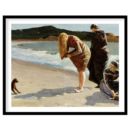 Capture the serene beauty of a day by the sea with this exquisite artwork. Featuring three figures for space