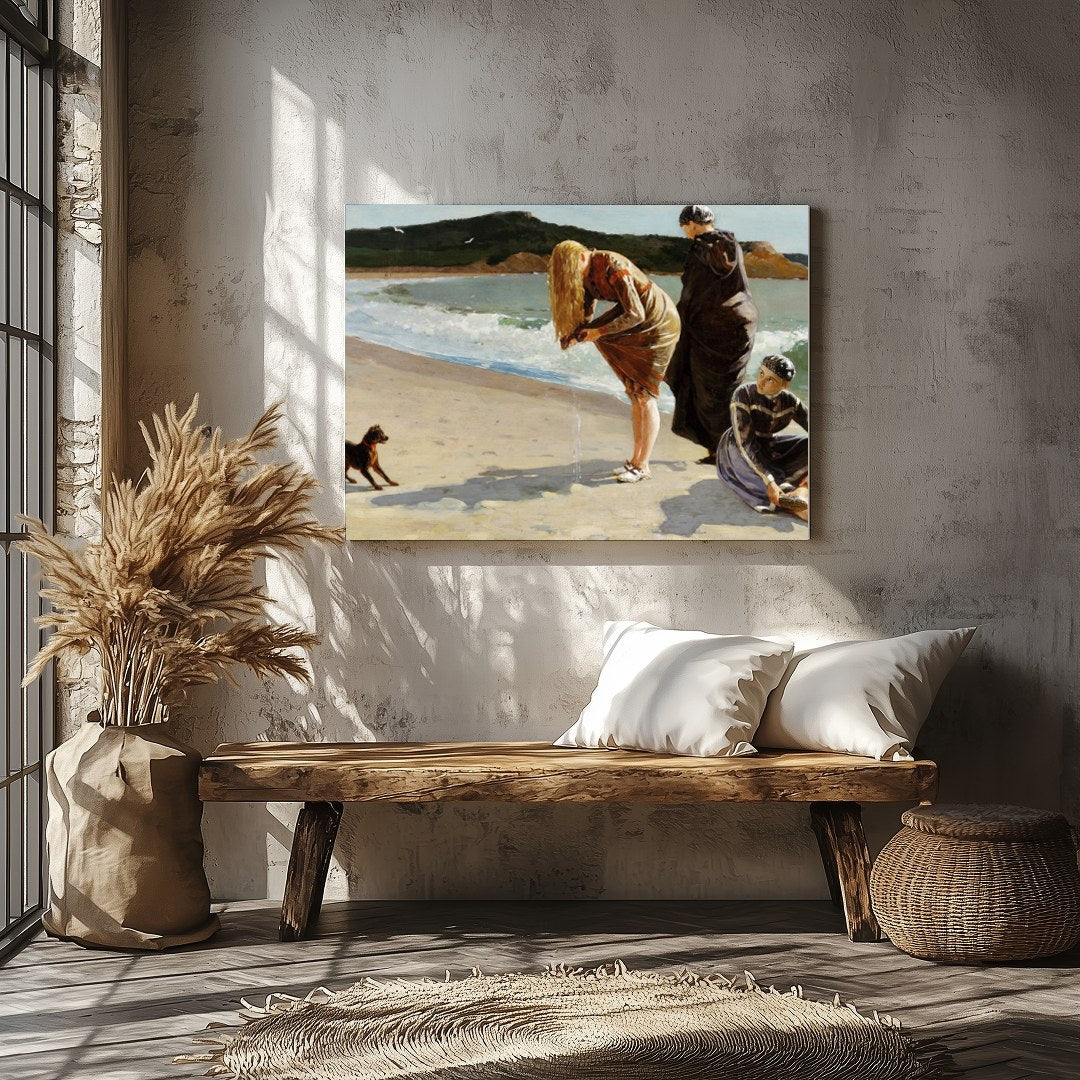 Capture the serene beauty of a day by the sea with this exquisite artwork. Featuring three figures for Veranda
