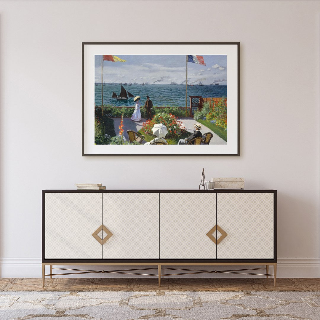 Immerse yourself in coastal serenity with this exquisite artwork capturing a leisurely seaside for Foyer