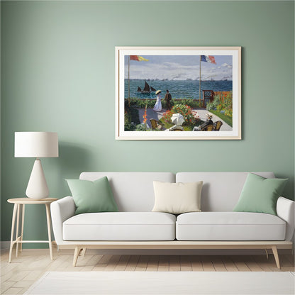Immerse yourself in coastal serenity with this exquisite artwork capturing a leisurely seaside for Hall