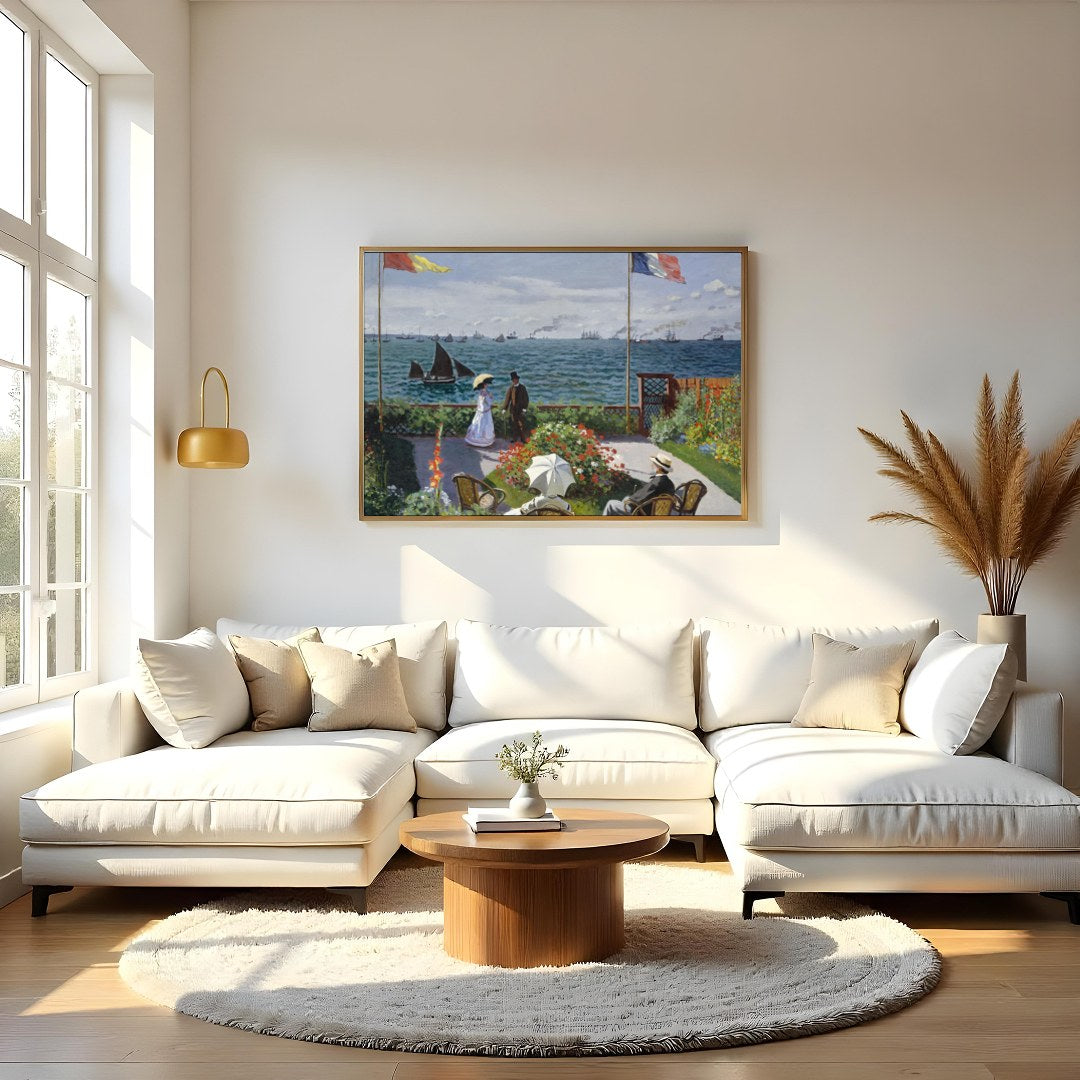 Immerse yourself in coastal serenity with this exquisite artwork capturing a leisurely seaside for Living Room