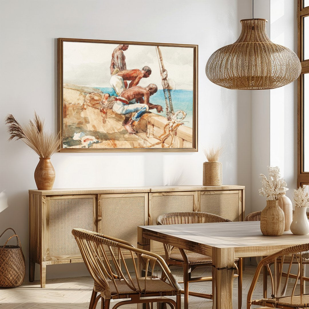 Capture the essence of nautical life with this stunning watercolor piece. It vividly portrays three for Dining