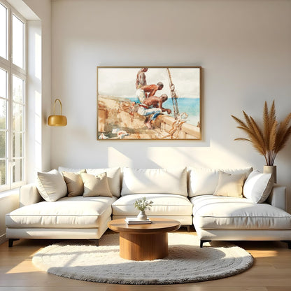 Capture the essence of nautical life with this stunning watercolor piece. It vividly portrays three for Living Room