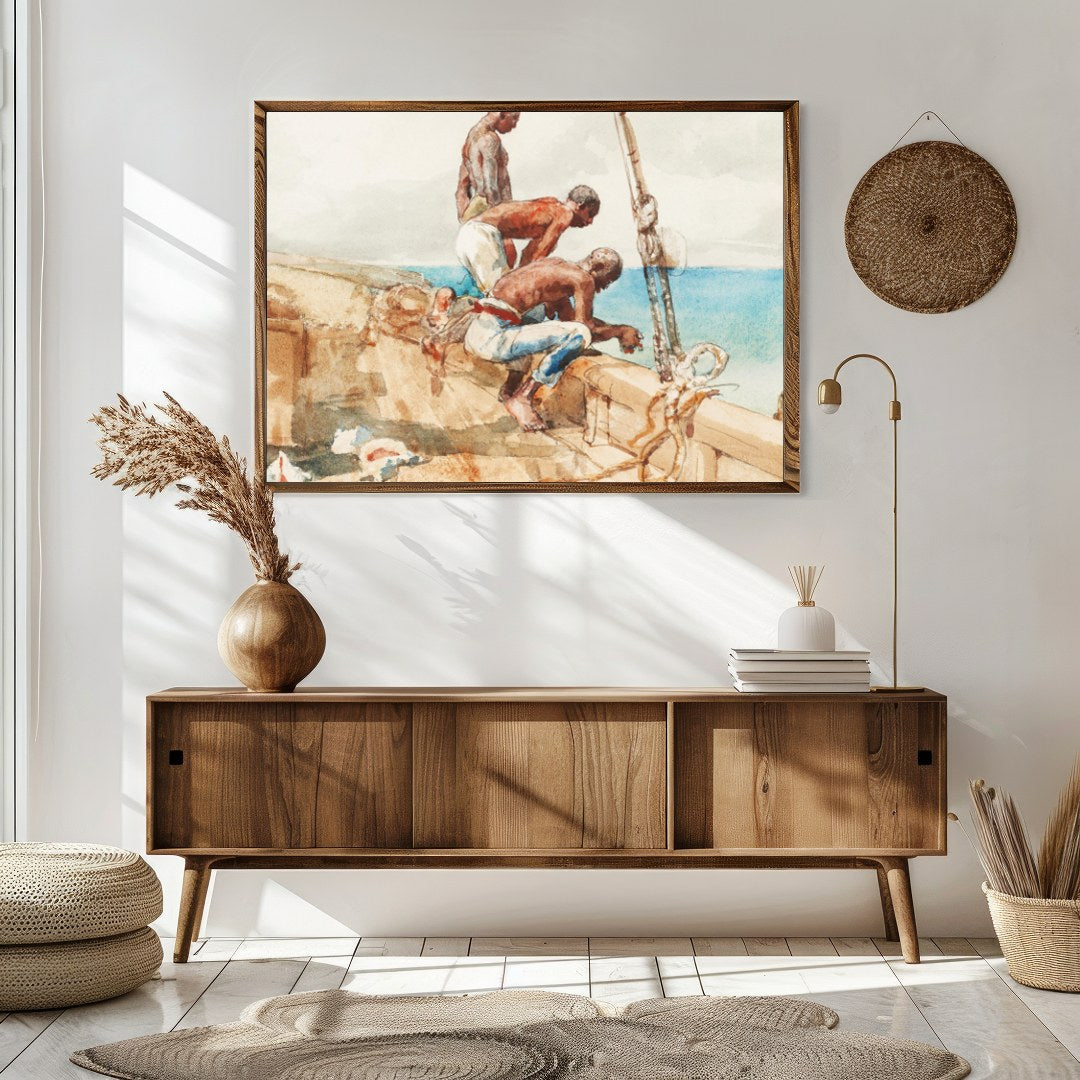 Capture the essence of nautical life with this stunning watercolor piece. It vividly portrays three for Sitting Area