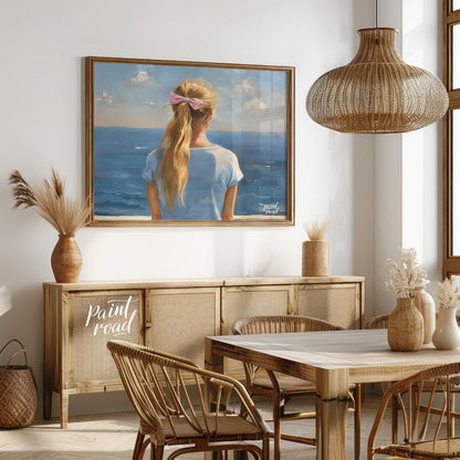 Seaside Serenity captures a tranquil moment of quiet reflection as a young woman gazes out at the e… for dining room