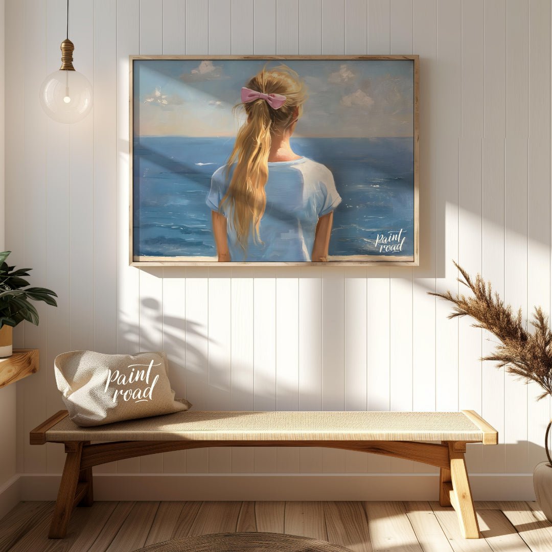 Seaside Serenity captures a tranquil moment of quiet reflection as a young woman gazes out at the e… for entryway