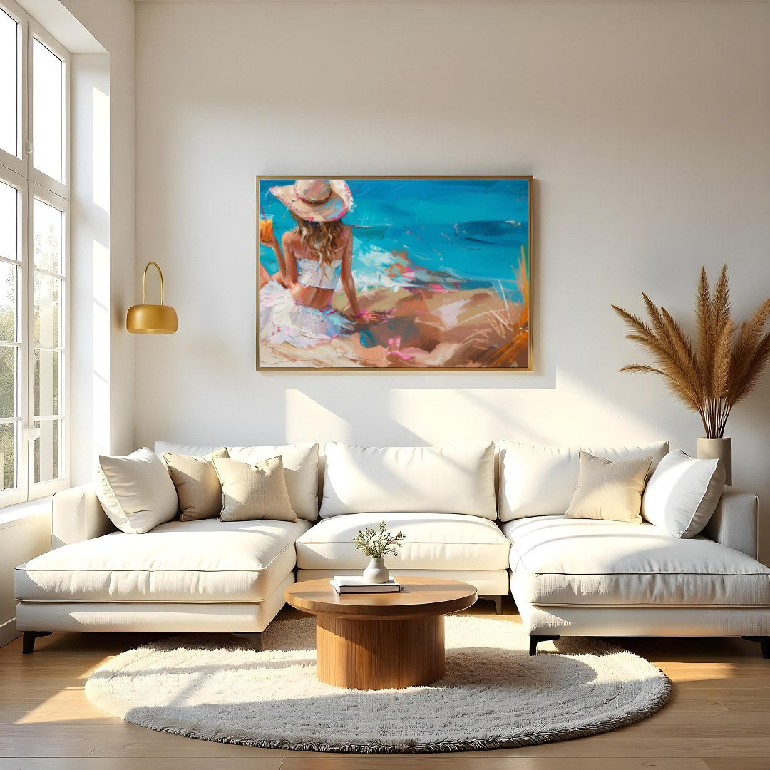 Embrace the tranquil beauty of the coast with 'Seaside Serenity.' This captivating piece captures for Living Room