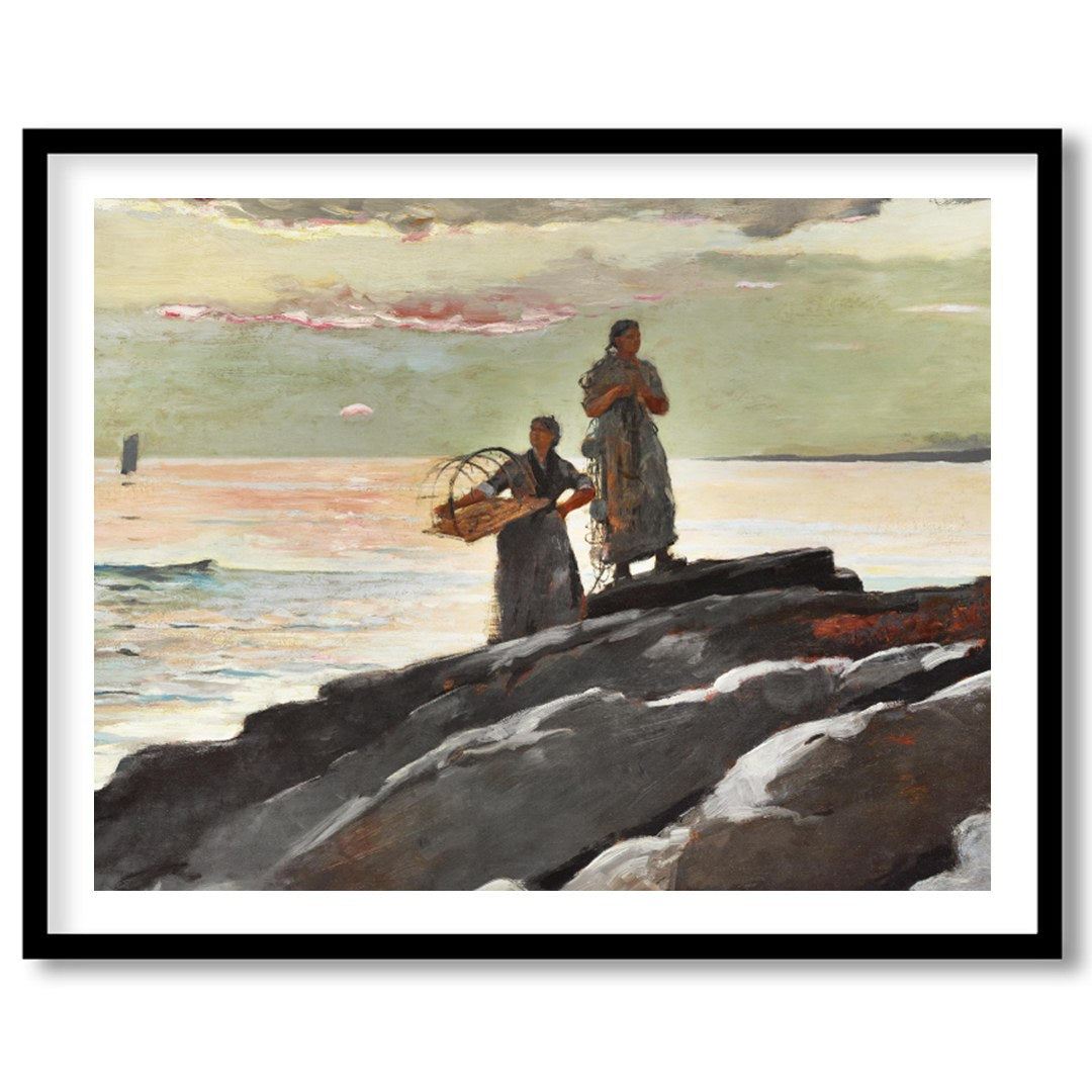 This captivating artwork captures the tranquil beauty of a coastal scene at dusk. Two figures stand for abode