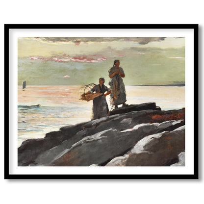 This captivating artwork captures the tranquil beauty of a coastal scene at dusk. Two figures stand for abode