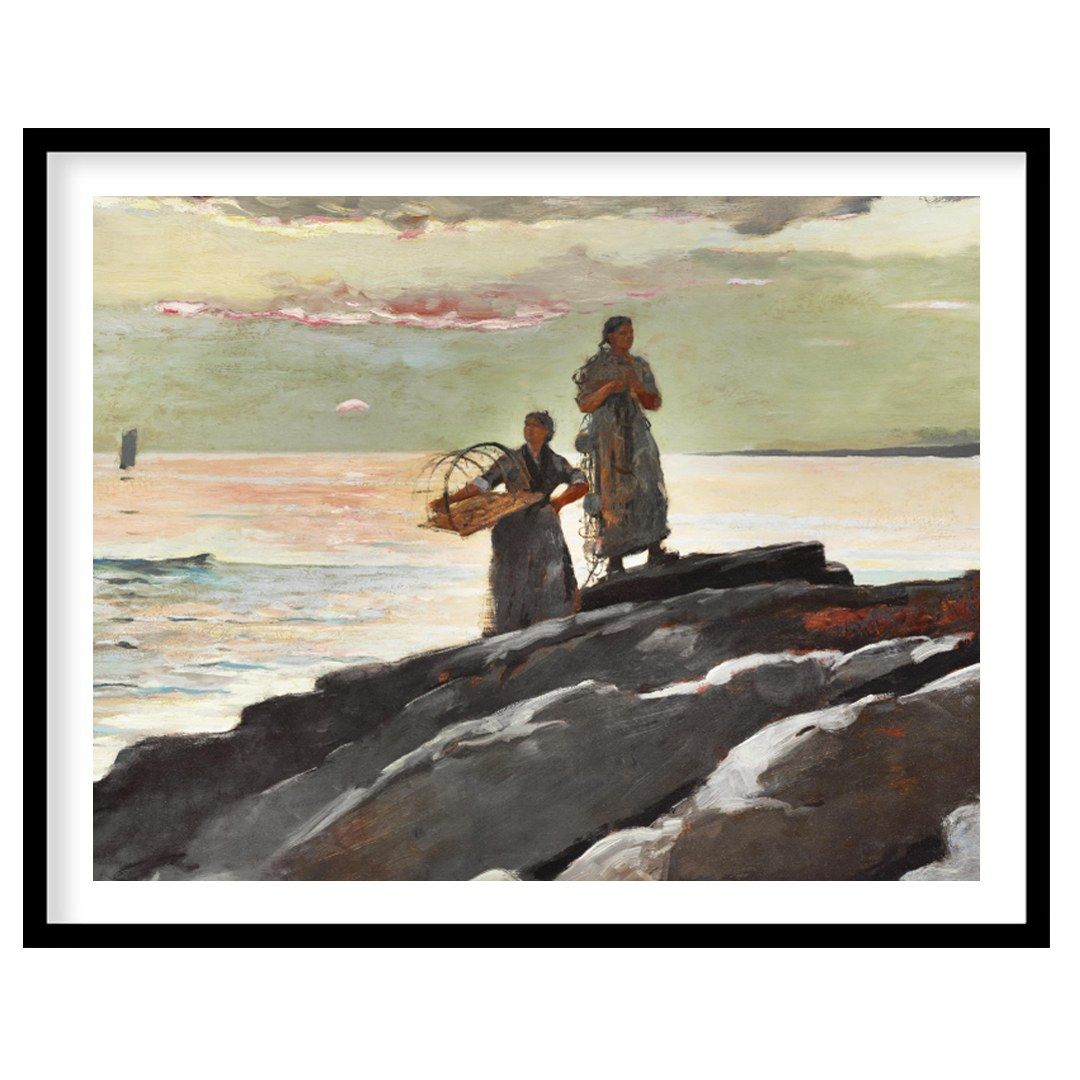 This captivating artwork captures the tranquil beauty of a coastal scene at dusk. Two figures stand for abode