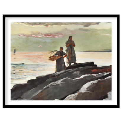 This captivating artwork captures the tranquil beauty of a coastal scene at dusk. Two figures stand for abode