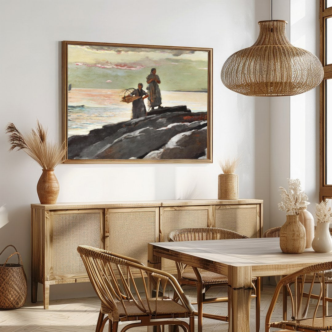 This captivating artwork captures the tranquil beauty of a coastal scene at dusk. Two figures stand for Dining
