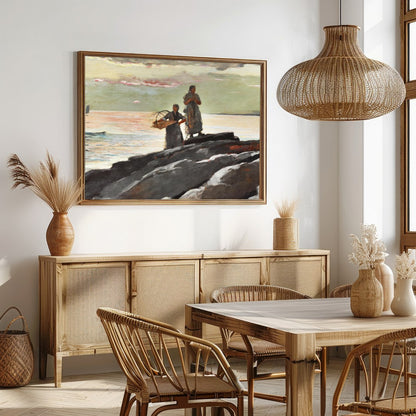 This captivating artwork captures the tranquil beauty of a coastal scene at dusk. Two figures stand for Dining