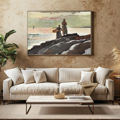 This captivating artwork captures the tranquil beauty of a coastal scene at dusk. Two figures stand for Family Room