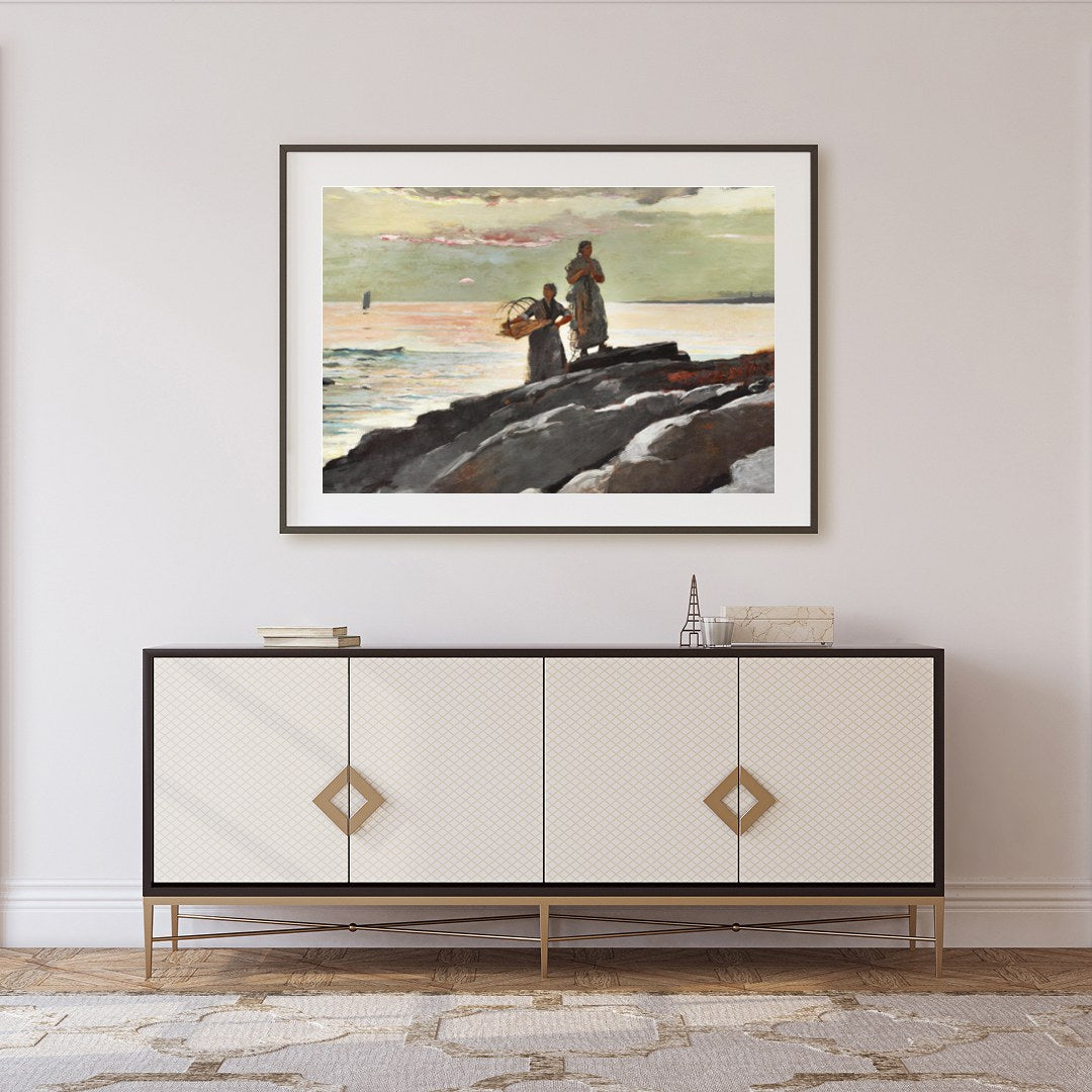 This captivating artwork captures the tranquil beauty of a coastal scene at dusk. Two figures stand for Foyer