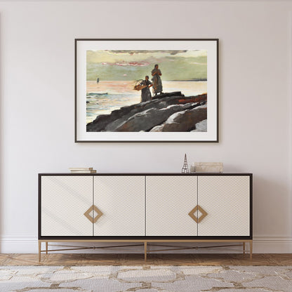This captivating artwork captures the tranquil beauty of a coastal scene at dusk. Two figures stand for Foyer