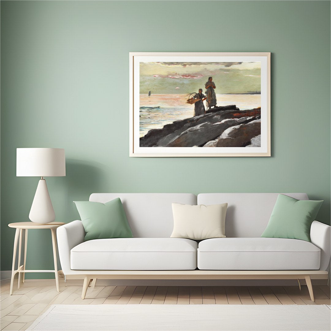 This captivating artwork captures the tranquil beauty of a coastal scene at dusk. Two figures stand for Hall