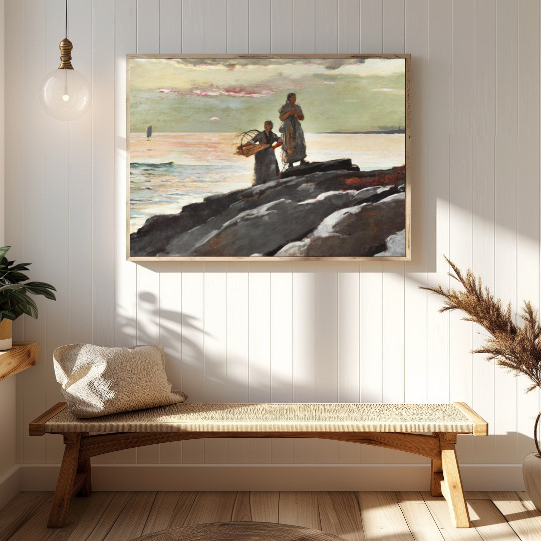 This captivating artwork captures the tranquil beauty of a coastal scene at dusk. Two figures stand for Hallway