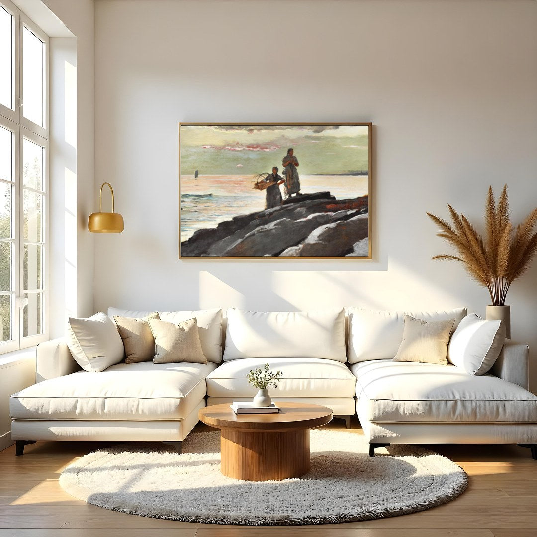 This captivating artwork captures the tranquil beauty of a coastal scene at dusk. Two figures stand for Living Room