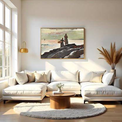 This captivating artwork captures the tranquil beauty of a coastal scene at dusk. Two figures stand for Living Room