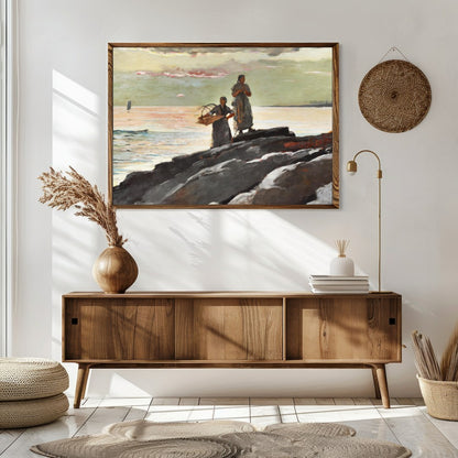 This captivating artwork captures the tranquil beauty of a coastal scene at dusk. Two figures stand for Sitting Area