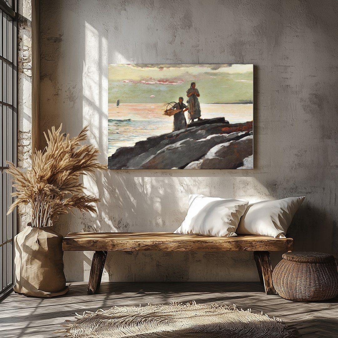 This captivating artwork captures the tranquil beauty of a coastal scene at dusk. Two figures stand for Veranda