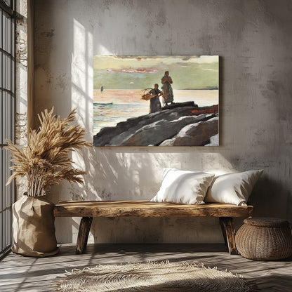 This captivating artwork captures the tranquil beauty of a coastal scene at dusk. Two figures stand for Veranda