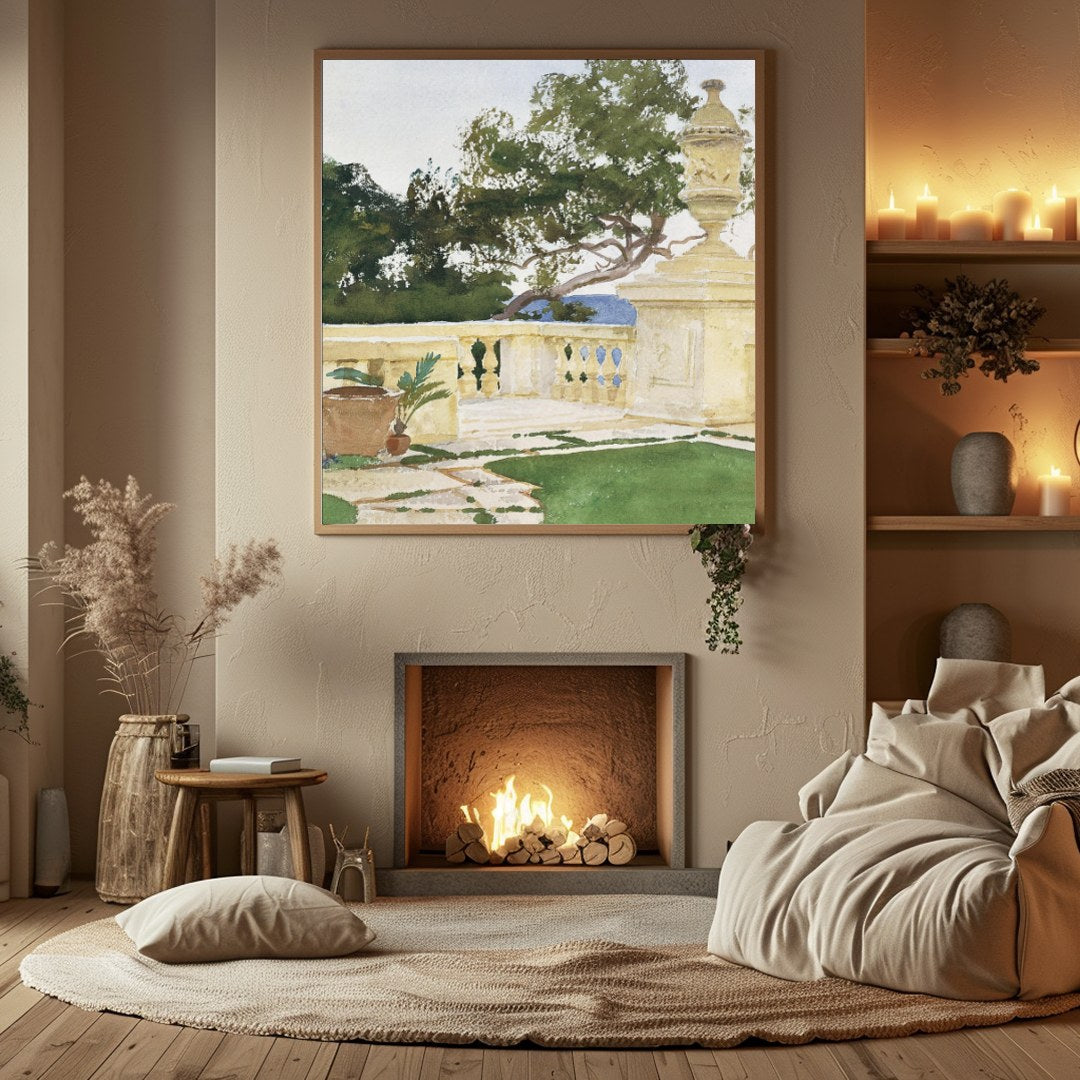 Immerse yourself in the serene beauty of a coastal retreat with this stunning watercolor painting. for Hall