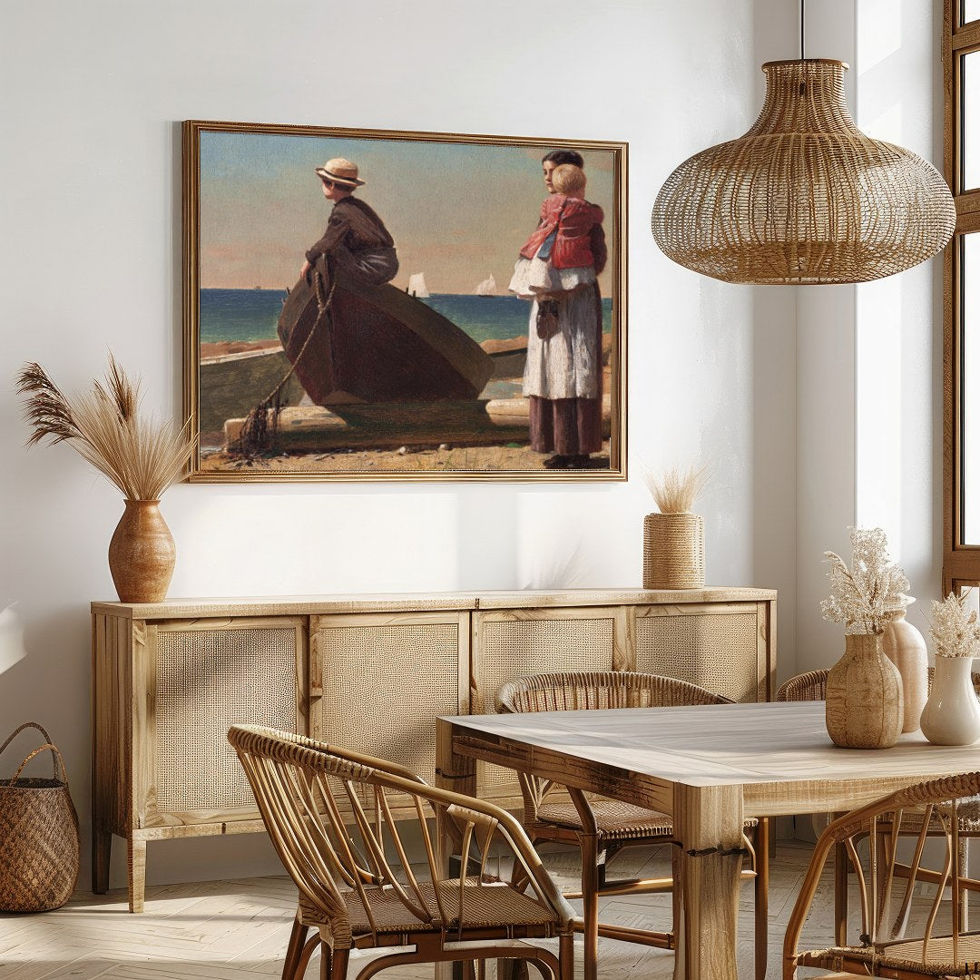 Immerse yourself in the serene charm of seaside life with this evocative artwork. Featuring a for Dining