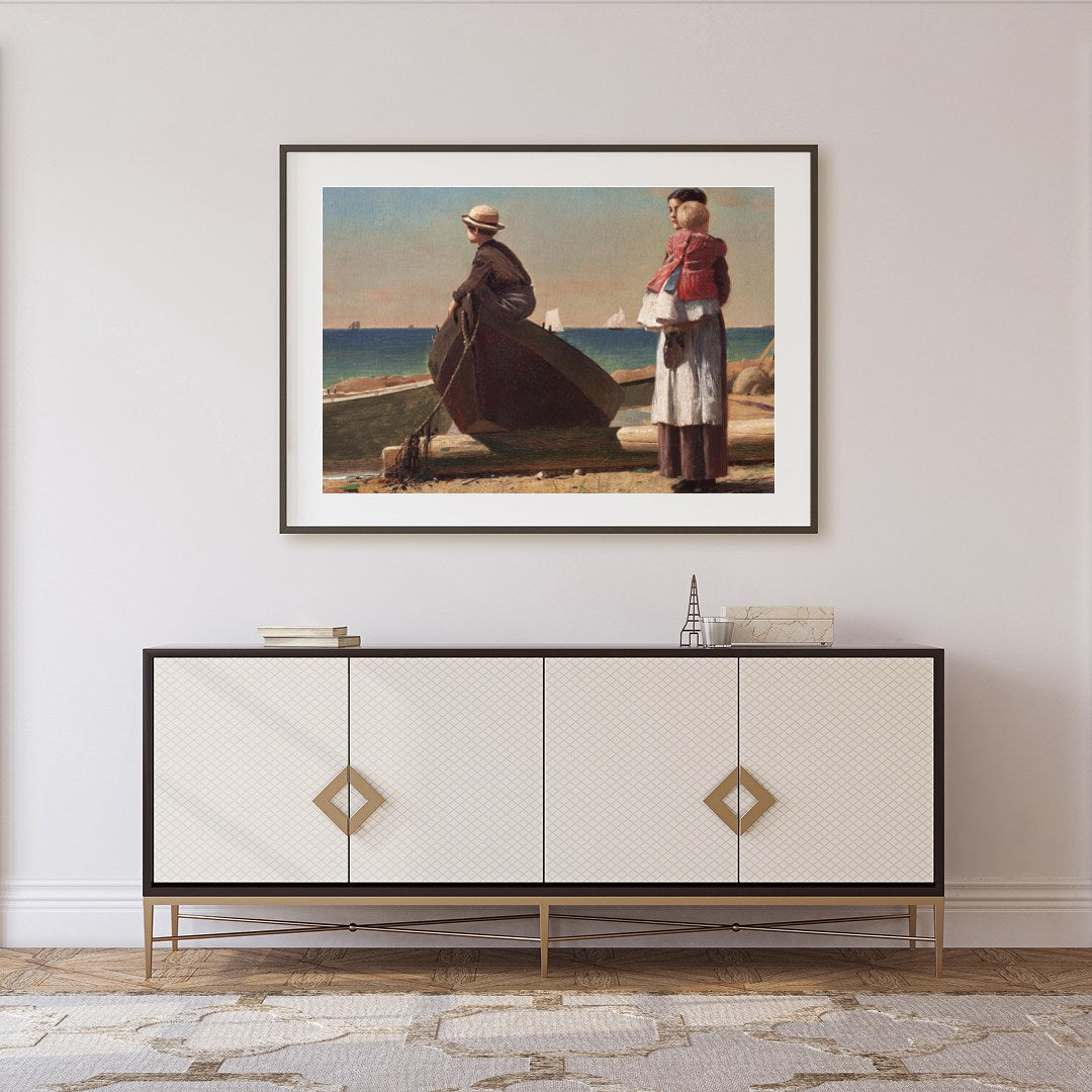 Immerse yourself in the serene charm of seaside life with this evocative artwork. Featuring a for Foyer