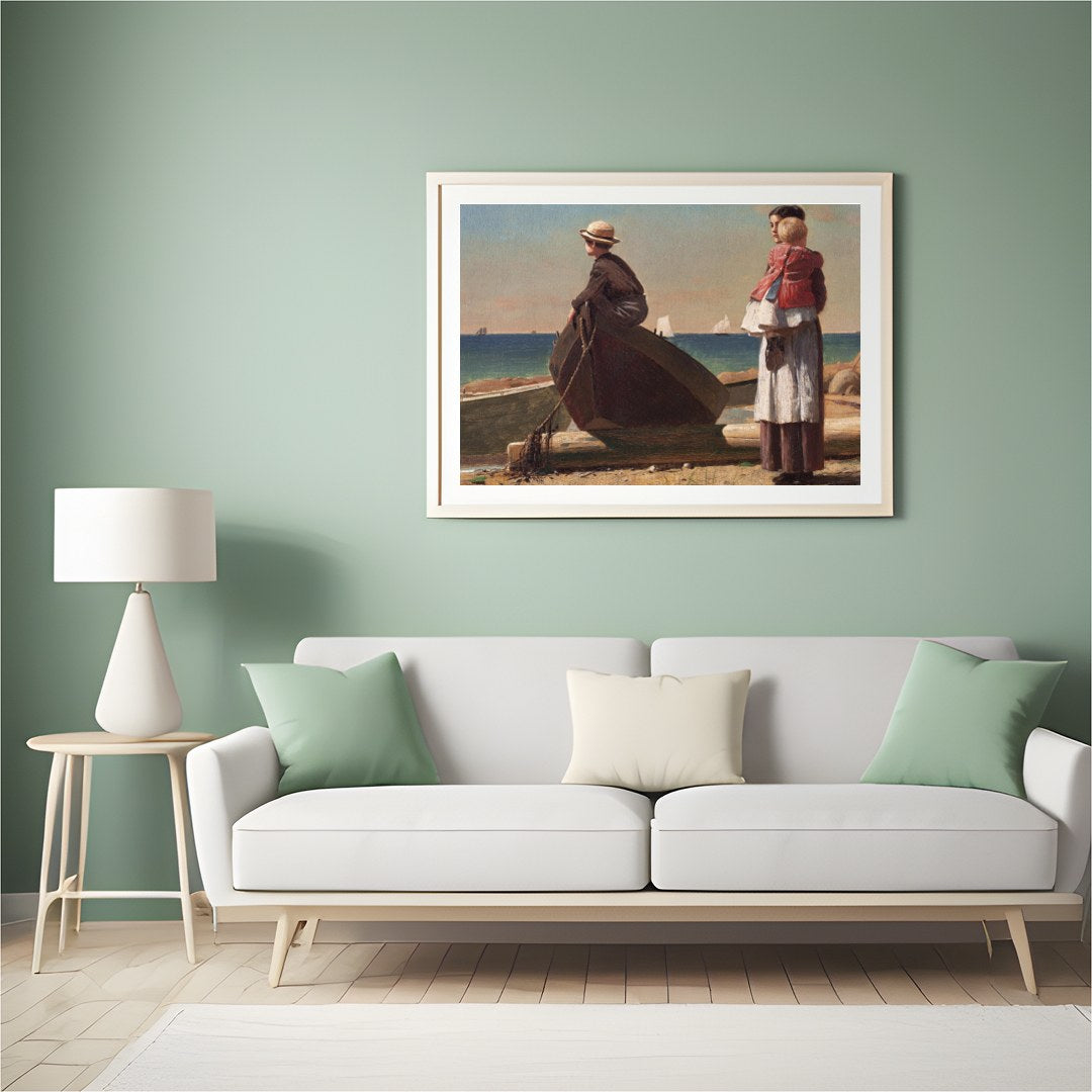 Immerse yourself in the serene charm of seaside life with this evocative artwork. Featuring a for Hall