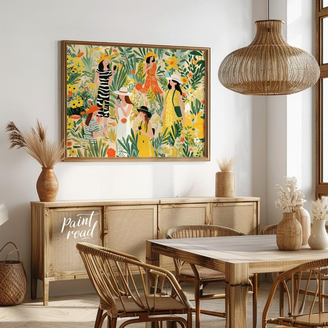 This charming and vibrant illustration depicts several women immersed in a lush, fantastical garden… for dining room
