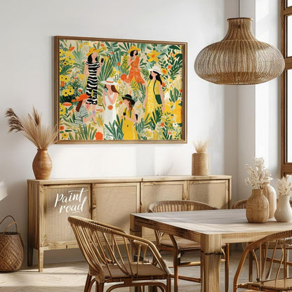 This charming and vibrant illustration depicts several women immersed in a lush, fantastical garden… for dining room