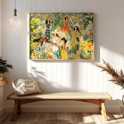 This charming and vibrant illustration depicts several women immersed in a lush, fantastical garden… for entryway