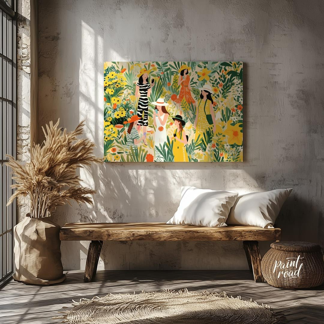 This charming and vibrant illustration depicts several women immersed in a lush, fantastical garden… for entryway