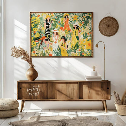 This charming and vibrant illustration depicts several women immersed in a lush, fantastical garden… for living room