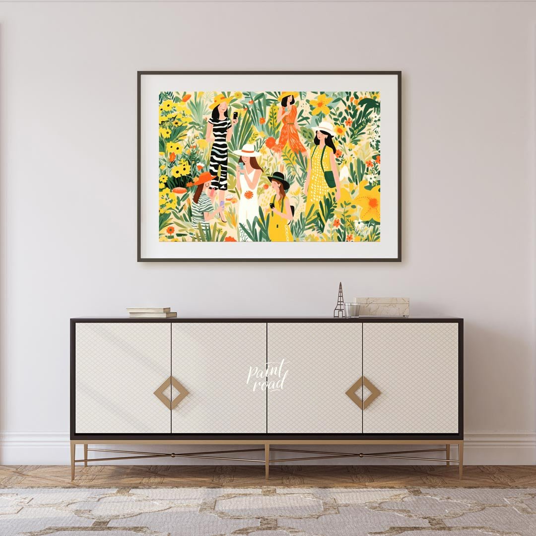 This charming and vibrant illustration depicts several women immersed in a lush, fantastical garden… for living room