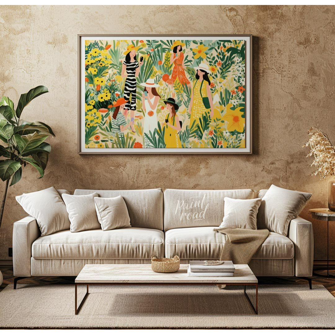 This charming and vibrant illustration depicts several women immersed in a lush, fantastical garden… for living room