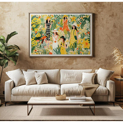 This charming and vibrant illustration depicts several women immersed in a lush, fantastical garden… for living room