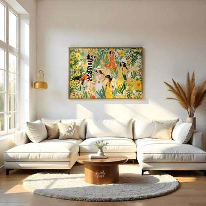 This charming and vibrant illustration depicts several women immersed in a lush, fantastical garden… for living room