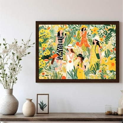 This charming and vibrant illustration depicts several women immersed in a lush, fantastical garden… for living room