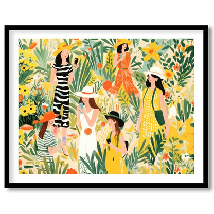This charming and vibrant illustration depicts several women immersed in a lush, fantastical garden… for place