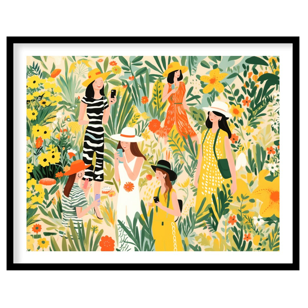 This charming and vibrant illustration depicts several women immersed in a lush, fantastical garden… for place