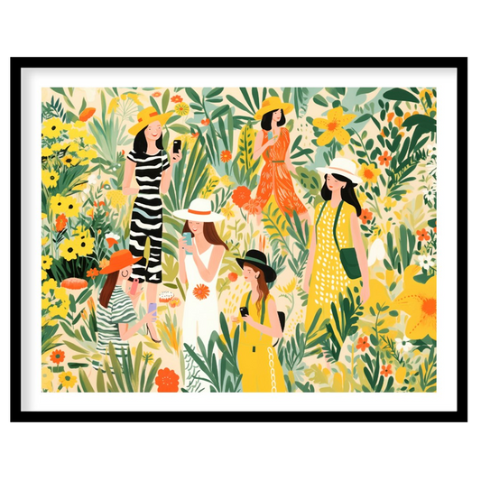 This charming and vibrant illustration depicts several women immersed in a lush, fantastical garden… for place